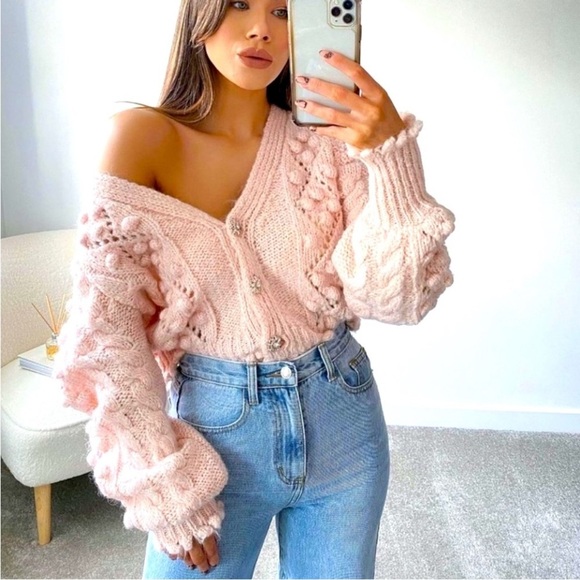 Zara Jewel Button Knit Cardigan Blush Pink Knit Sweater Size Small Loose Fit - Picture 3 of 16